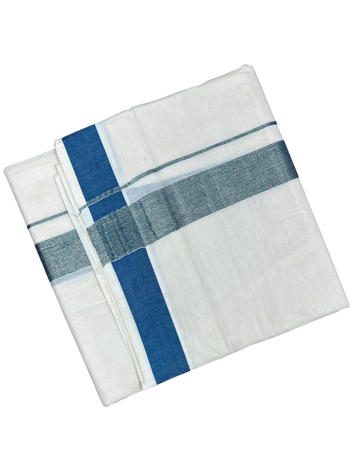 Southloom Kerala Pure Cotton Double Mundu with Blue Border (South Indian Dhoti)