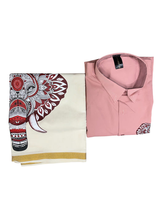 Southloom Stylish & Classy Budget Combo Pink Shirt + Mundu for Men