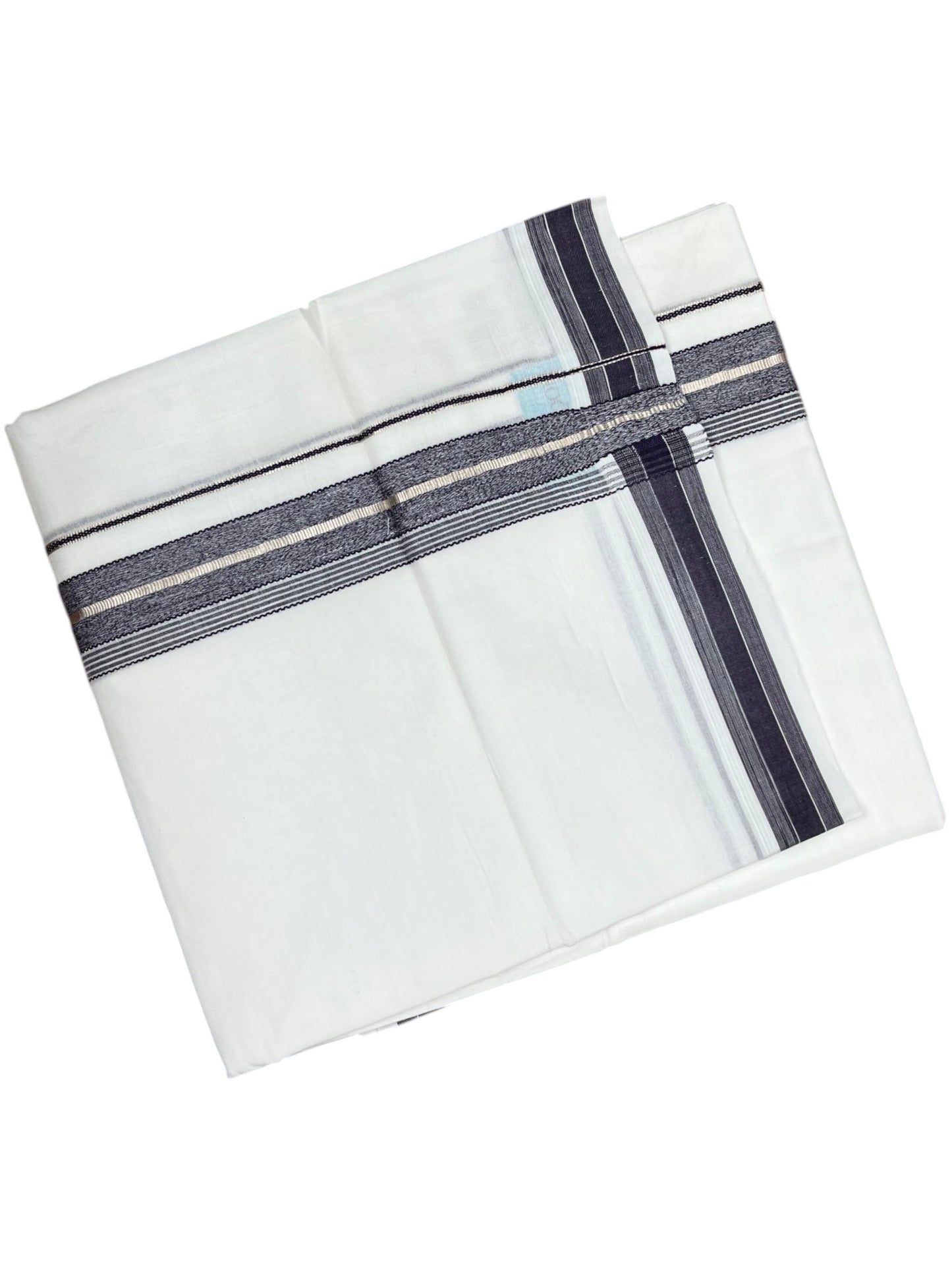 Southloom Kerala Pure White Cotton Double Mundu with Silver Line & Dark Purple Border (South Indian Dhoti)
