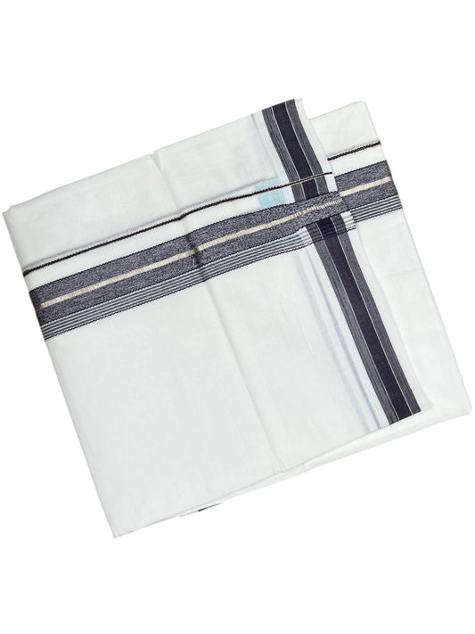 Southloom Kerala Pure White Cotton Double Mundu with Silver Line & Dark Purple Border (South Indian Dhoti)
