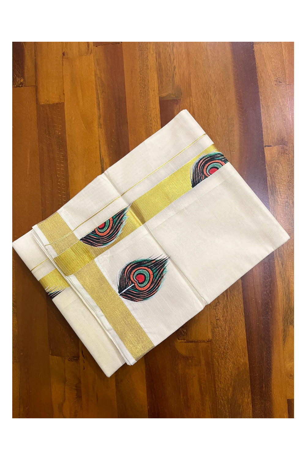 Kerala Pure Cotton Double Mundu with Feather Mural Painted Design on Kasavu Border (South Indian Kerala Dhoti)