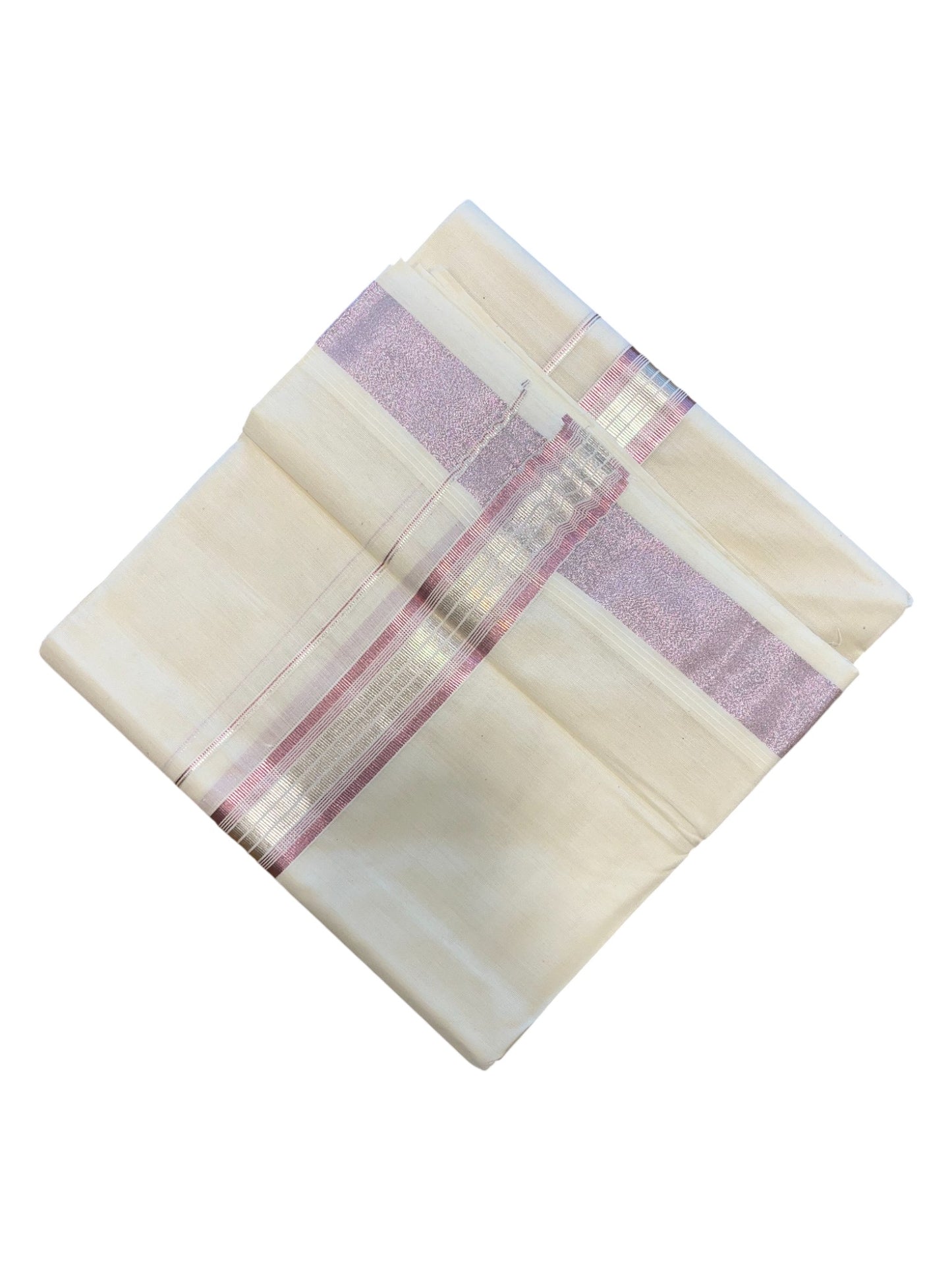 Southloom Pure Cotton Mundu with Rose Gold and Silver Border (South Indian Kerala Dhoti)