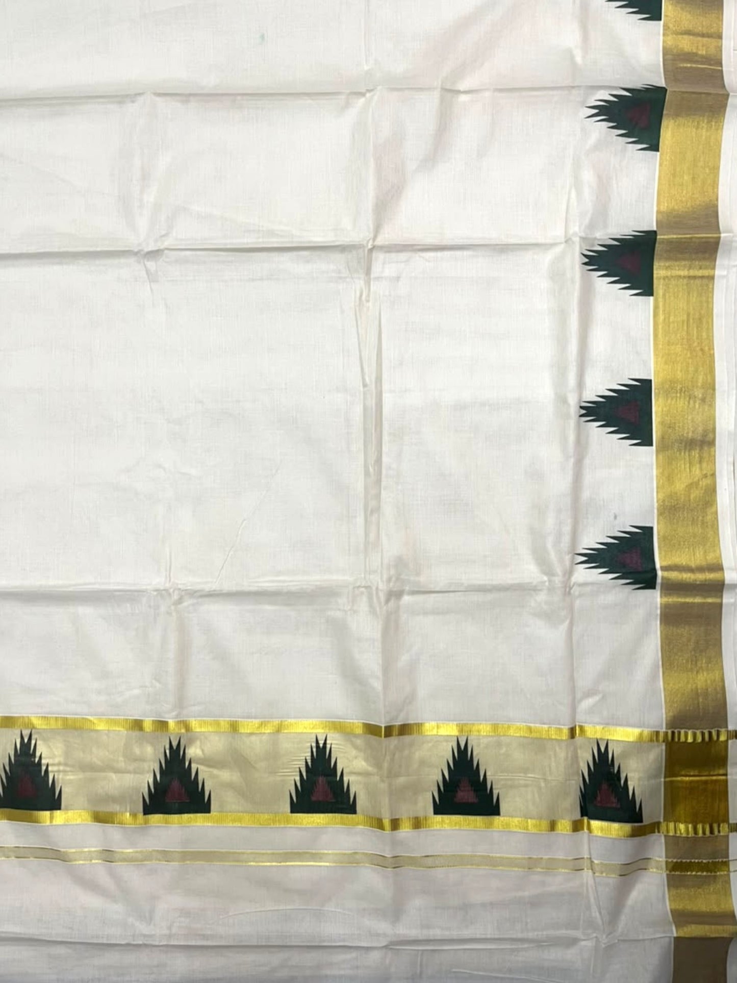 Southloom Cotton Kerala Kasavu Saree with Temple Digital Print In Green and Maroon Borders SL369