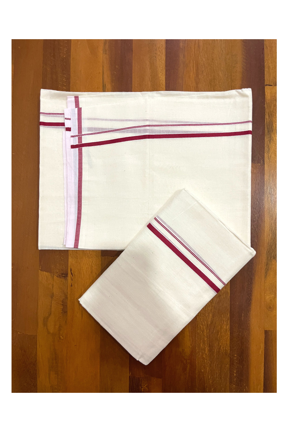 Kerala Cotton Set Mundu (Mundum Neriyathum) with Maroon Thin Border 2.75 Mtrs