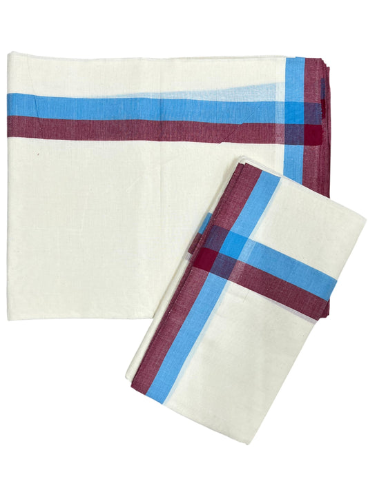 Southloom Pure Cotton Kerala Single Mulloth Set Mundu (Mundum Neriyathum) Maroon And Blue Border in 2.80 mtrs SL243