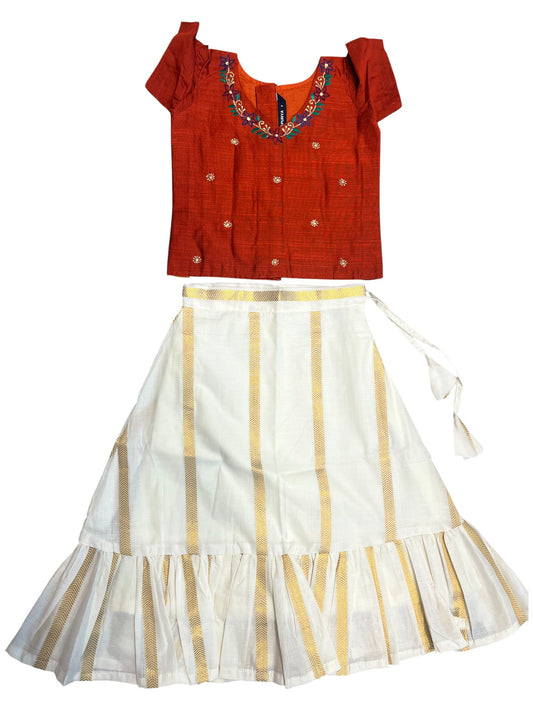 Southloom Kerala Orange And Cottan Kasave Pavada Blouse with Embrodary Work for Kids (Age 1))
