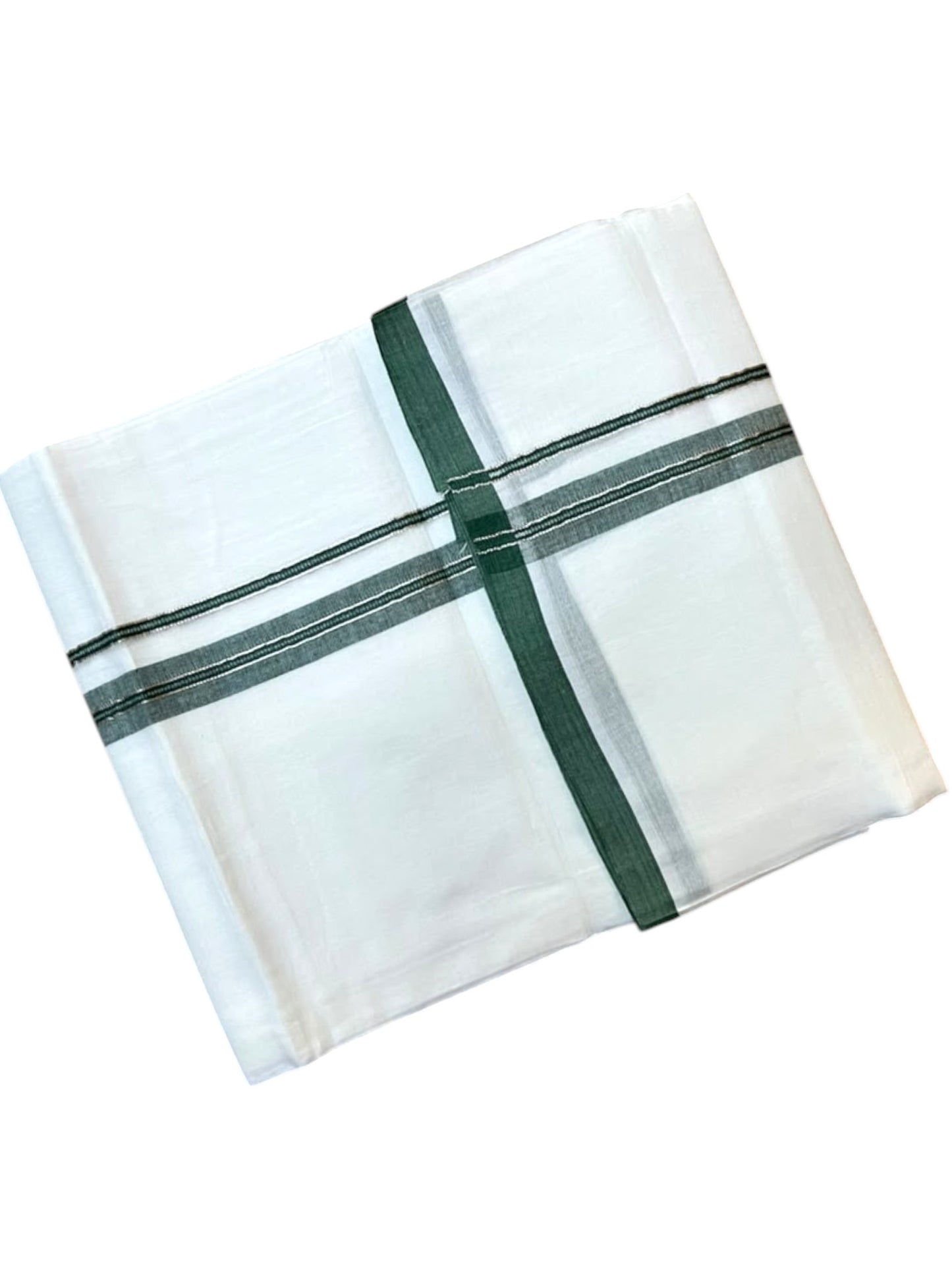 Southloom Pure White Cotton Mundu with Green & Silver Line Border (South Indian Kerala Dhoti)