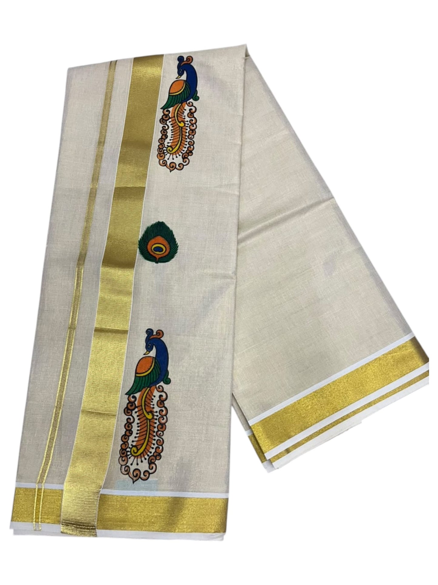 Southloom Kerala Tissue Double Mundu with Peacock Design and Gold Kasavu Border  (South Indian Dhoti) SL612