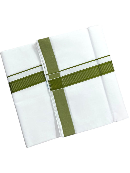 Southloom Pure White Cotton Mundu with Olive Green Lines Border (South Indian Kerala Dhoti)