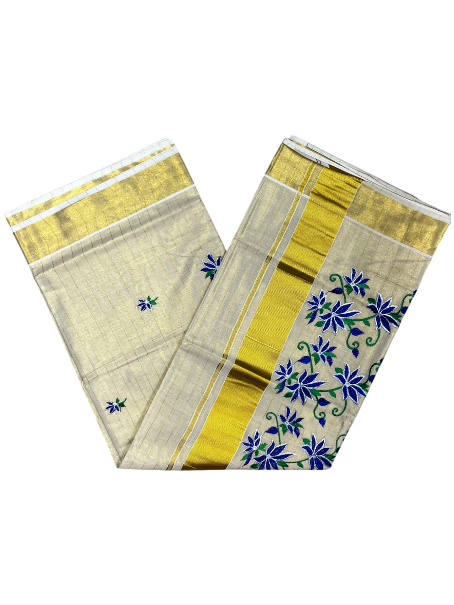 Southloom Tissue Kerala Kasavu Lines Saree with Floral Embroidery Design in Blue