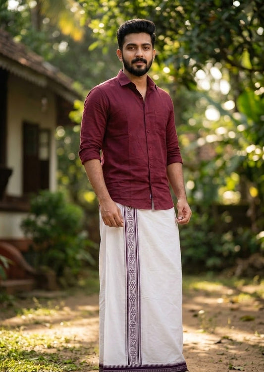 Southloom White Maroon Printed Single Mundu / Otta Mundu / Lungi (South Indian Kerala Dhoti) SL622