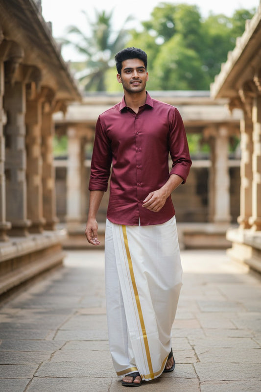 Southloom Kerala Pure Cotton Double Mundu with Gold Kasavu and Border (South Indian Dhoti)