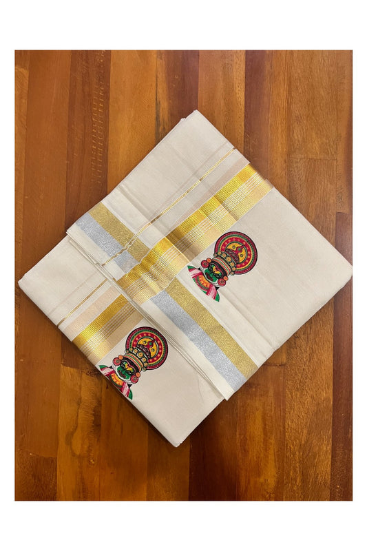 Kerala Pure Cotton Double Mundu with Kathakali Mural Painted Design on Kasavu Border (South Indian Kerala Dhoti)