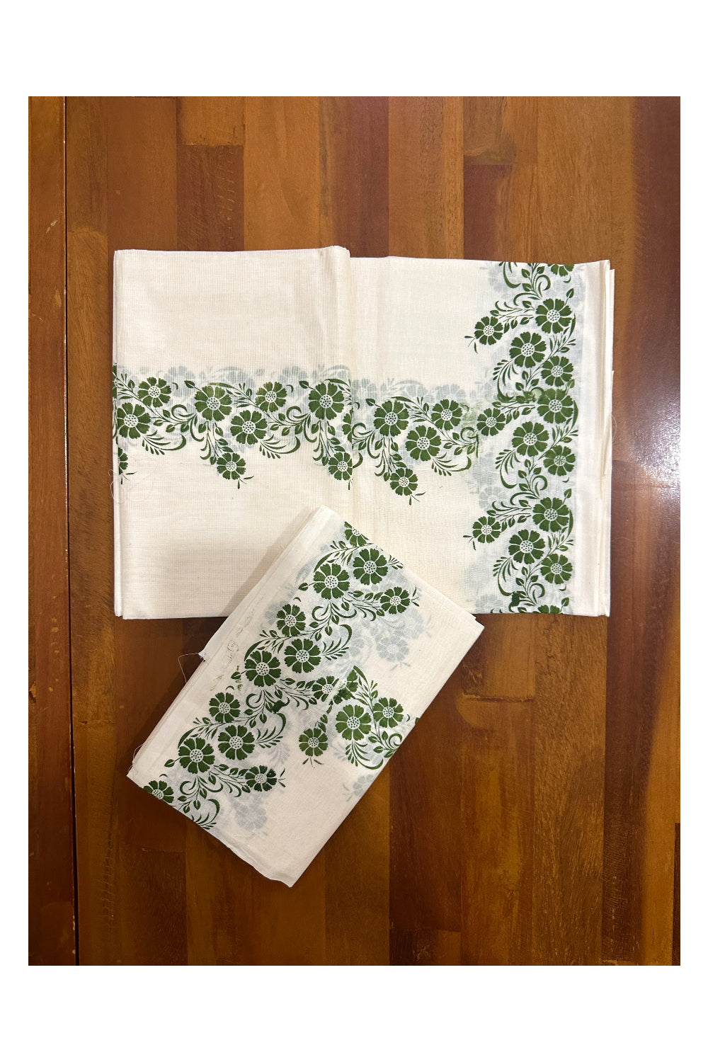 Kerala Cotton Set Mundu (Mundum Neriyathum) with Green Floral Block Printed Border (Onam Set Mundu 2023)