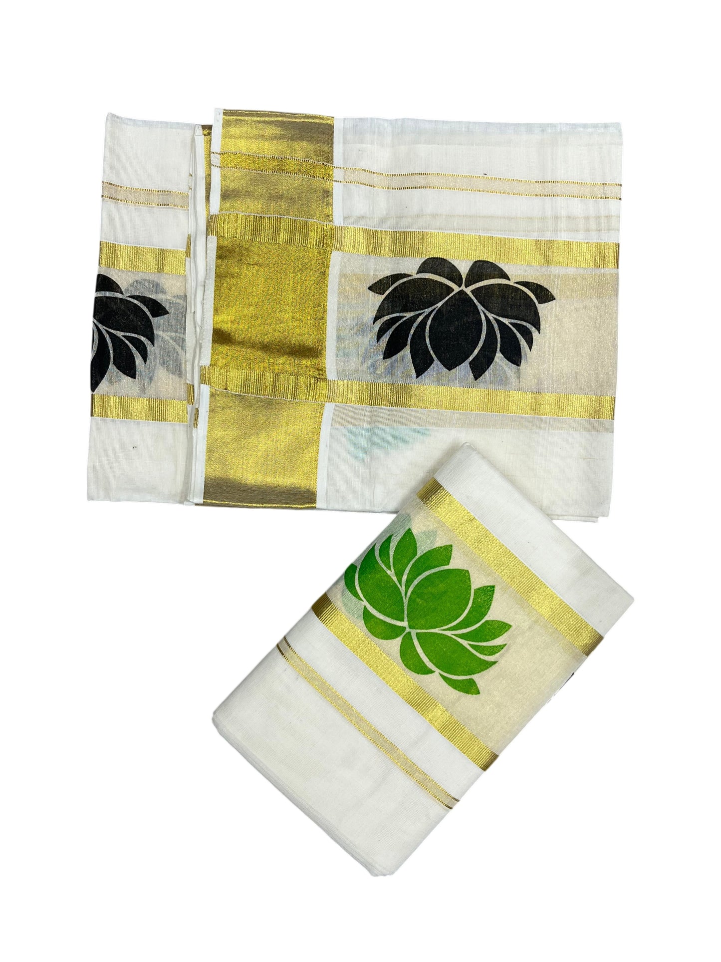Kerala Cotton Single Set Mundu (Mundum Neriyathum) with Black And Green Lotus Block Prints On Kasavu Border 2.80 Mtrs SL340