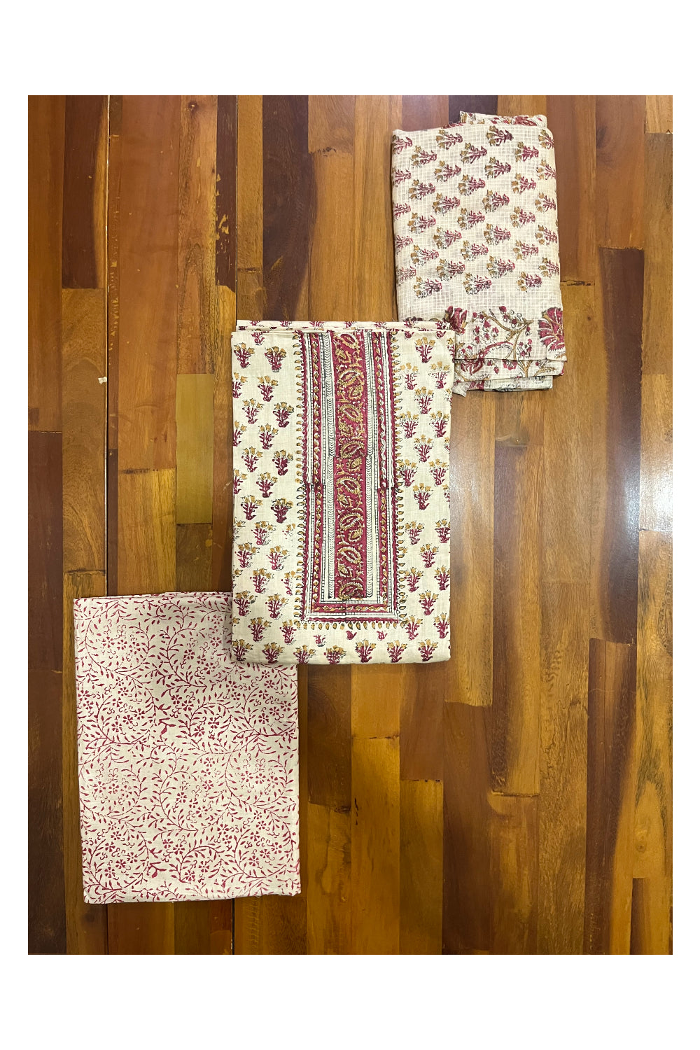 Southloom™ Cotton Light Brown Churidar Salwar Suit Material Red Block Prints on Body