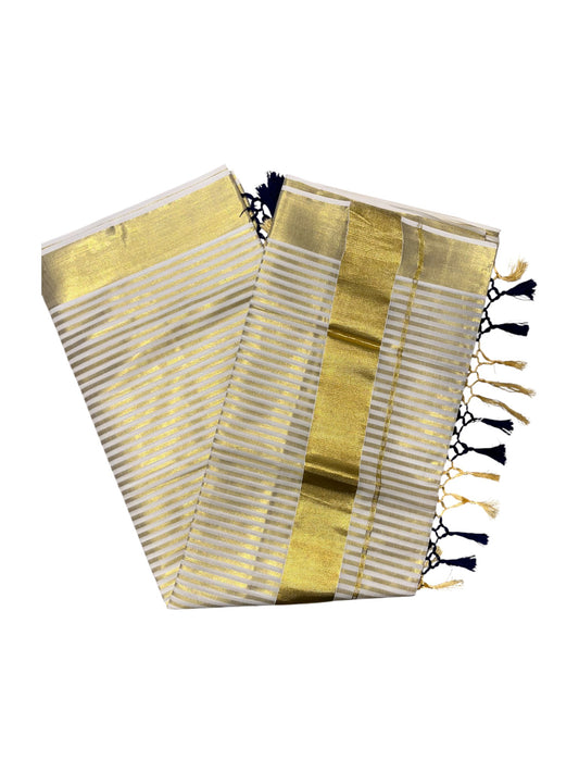 Southloom Kerala Cotton Kasavu Saree with Stripes on Body