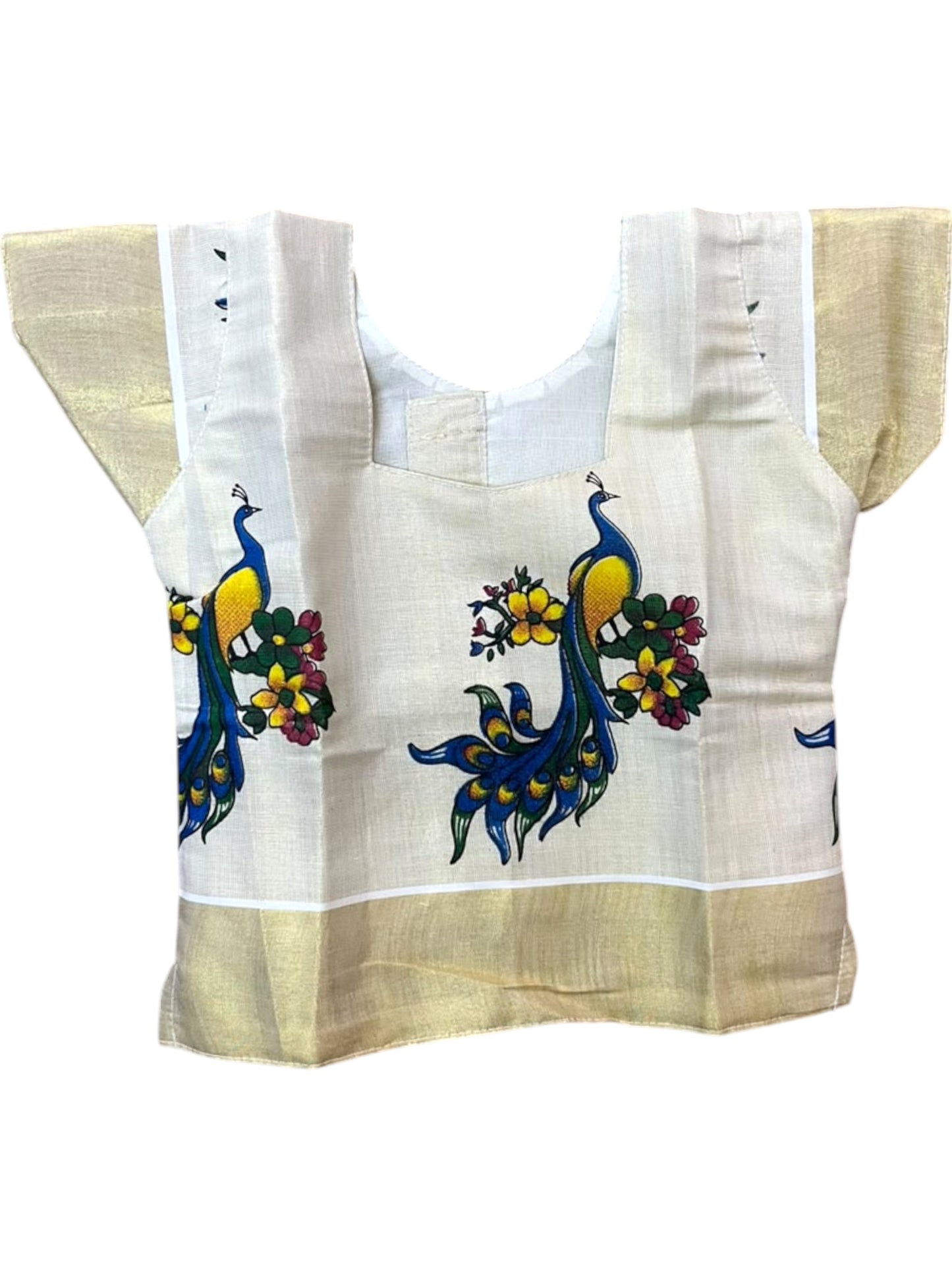 Southloom Kerala Tissue Kasavu Peacock Digital Printed Pavada & Blouse with for Kids