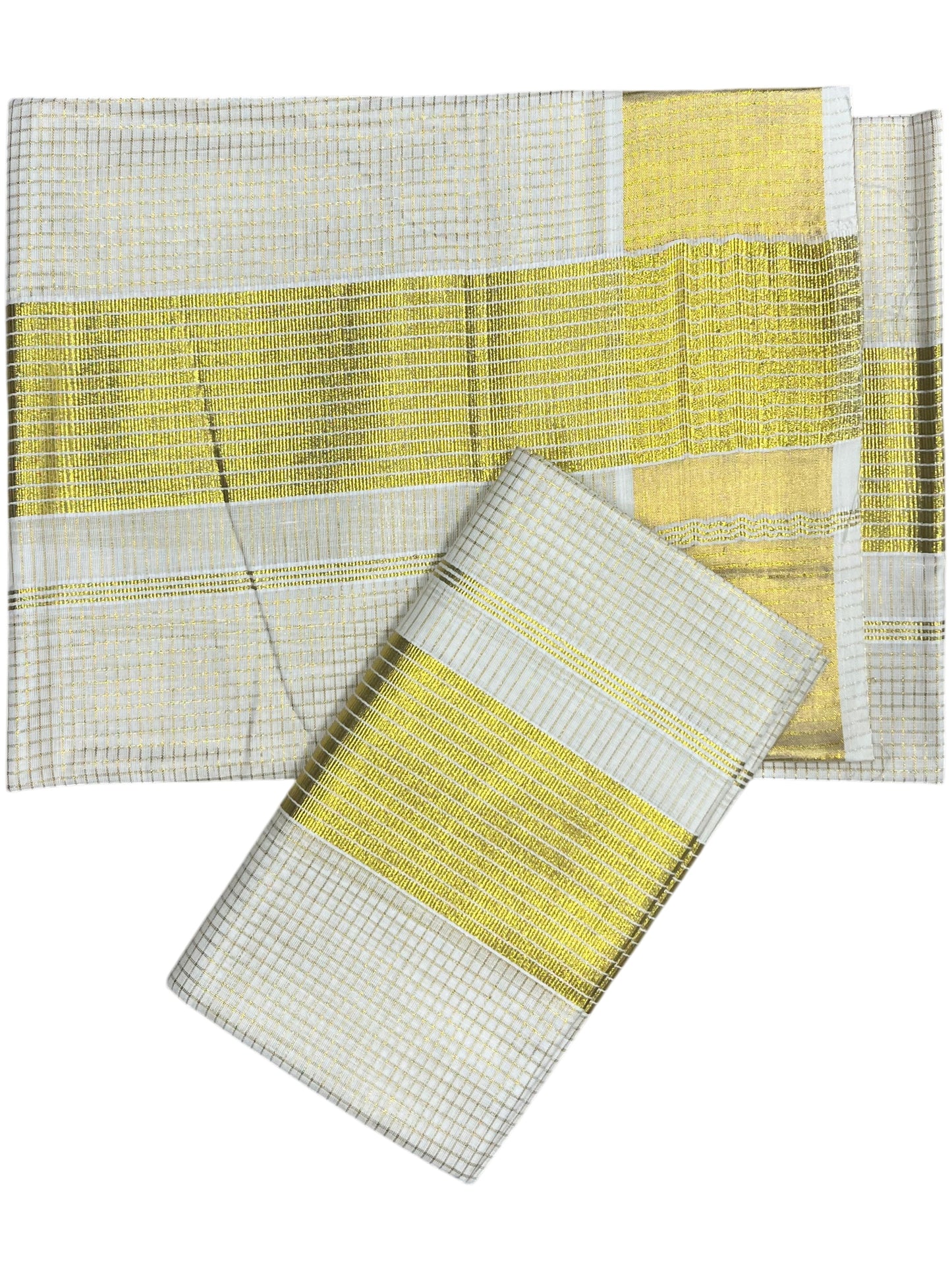 Southloom Kerala Tissue Single Set Mundu (Mundum Neriyathum) with  Kasavu Micro Check Across Body