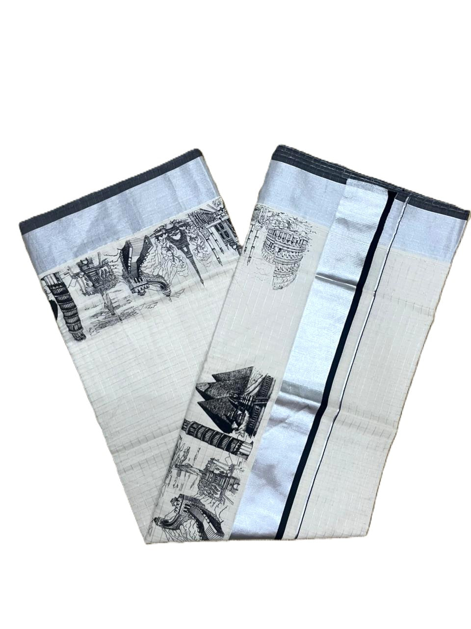 Southloom Silver Check Saree with Black Border and Digital Prints SL461