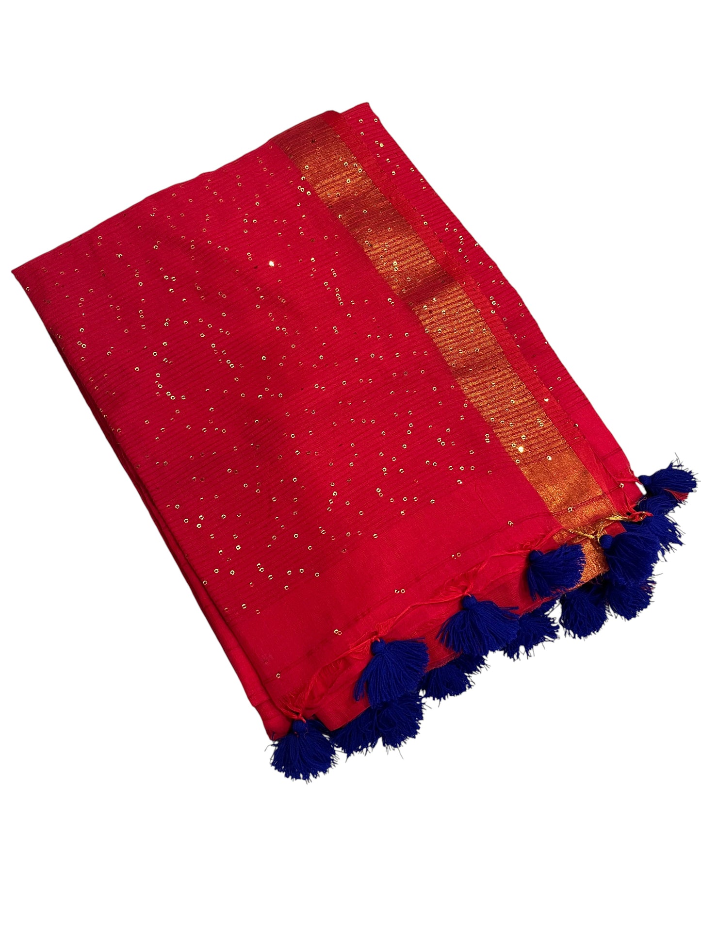 Southloom Mul Cotton 120 x 120 Soft Fabric Onam Saree in Red with Sequins Work