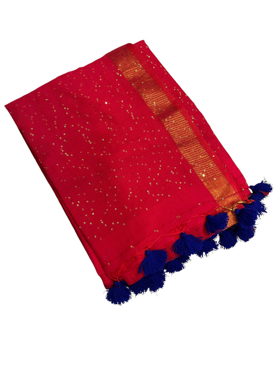 Southloom Mul Cotton 120 x 120 Soft Fabric Onam Saree in Red with Sequins Work