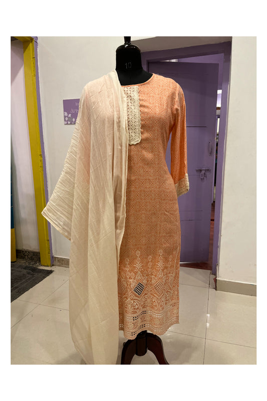Southloom Stitched Semi Silk Salwar Set in Peach Printed Body and Thread Works in Yoke Portion