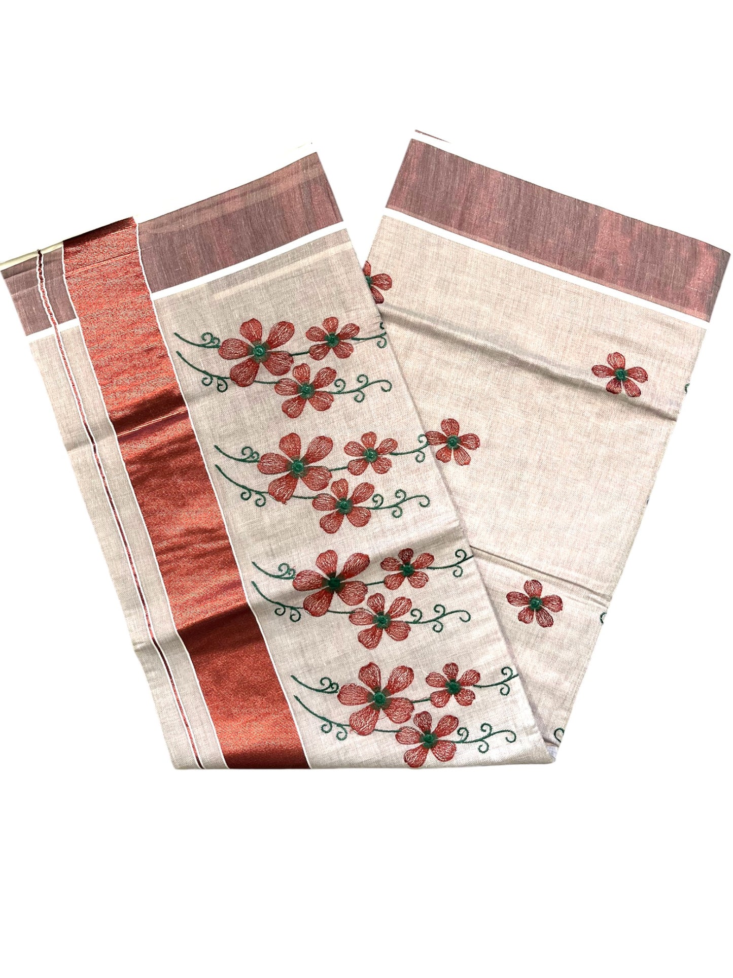 Southloom Kerala Tissue Kasavu Saree with Maroon Floral Embroidery on Body and Border