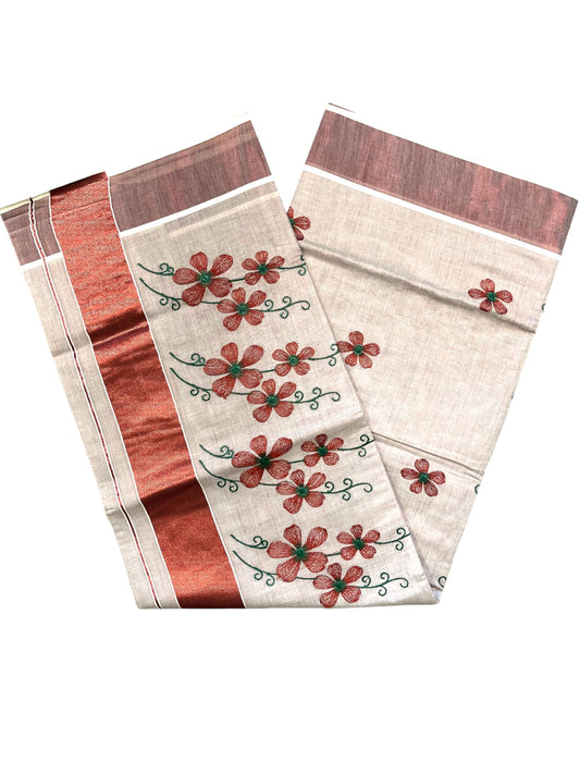 Southloom Kerala Tissue Kasavu Saree with Maroon Floral Embroidery on Body and Border