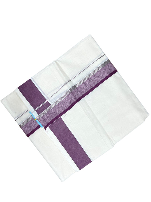 Southloom Pure Cotton Mundu with Silver Lines and Purple Border (South Indian Kerala Dhoti)
