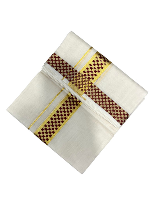 Southloom Premium Handloom Cotton Gold Kasavu Double Mundu with Maroon Paa Neythu Border