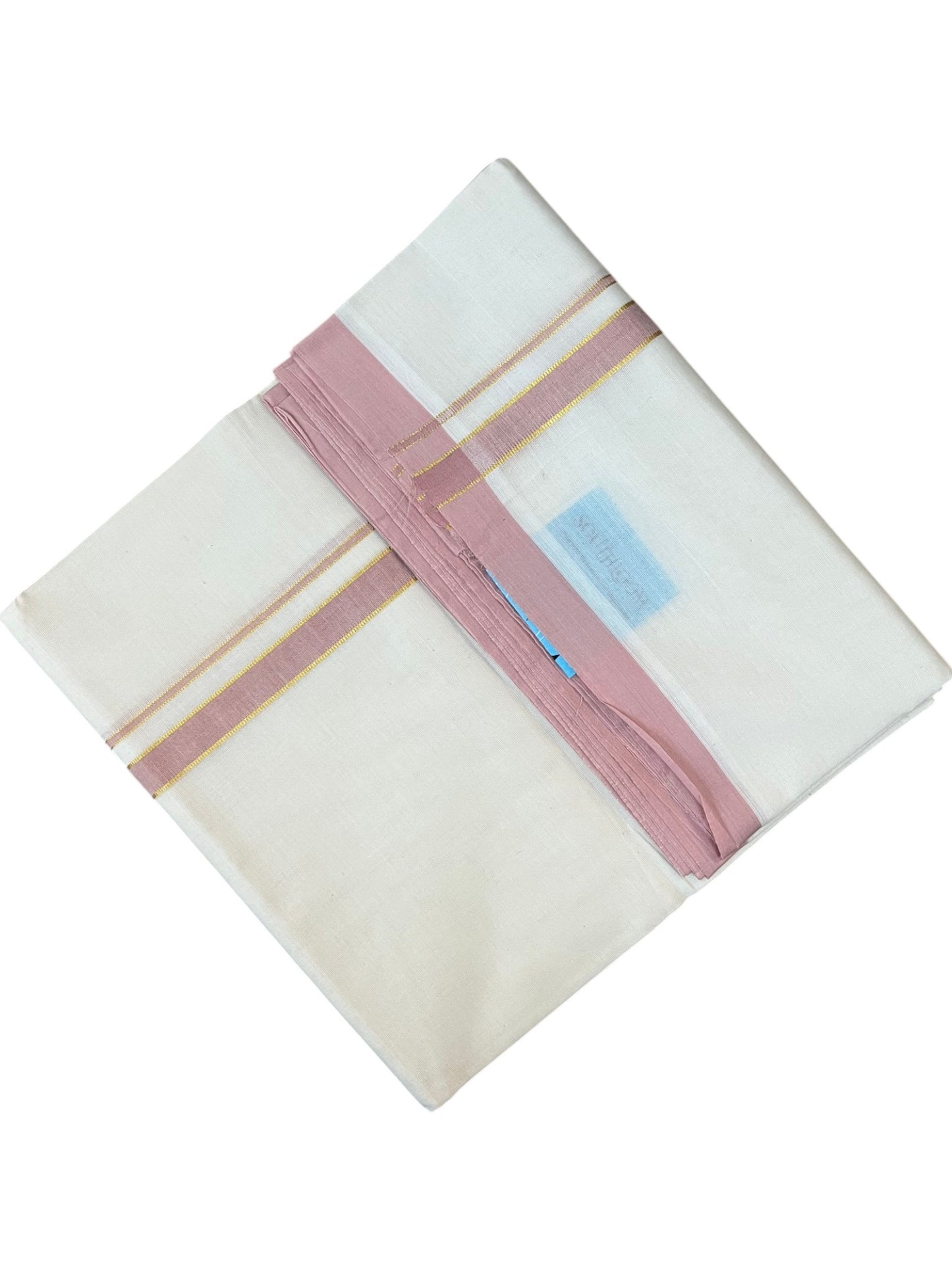 Southloom Pure Cotton Mundu with Golden Lines and Pink Border (South Indian Kerala Dhoti)