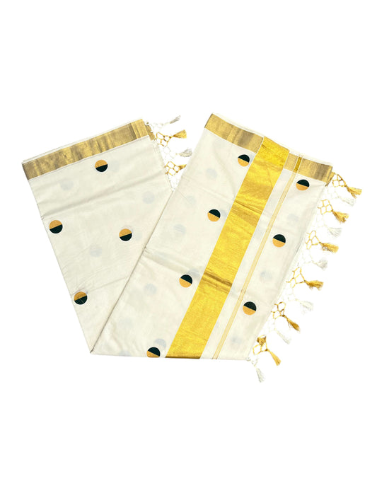 Southloom Cotton Kasavu Saree with Gold And Green Polka Dot Prints Across Body