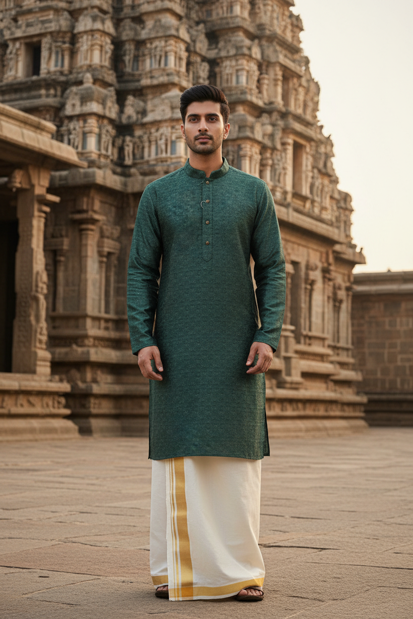 Southloom Green Woven Patterns Semi Silk Long Kurta for Men SL591