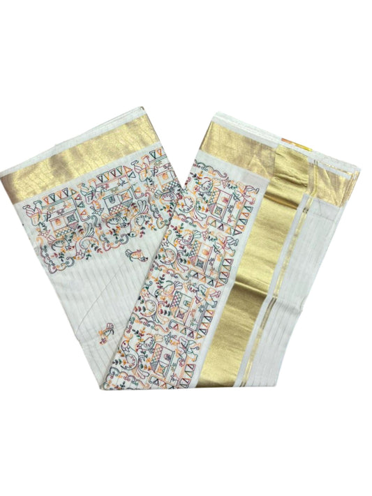 Southloom Cotton Kerala Kasavu Lines Saree with Kantha Embroidery Work on Body SL322