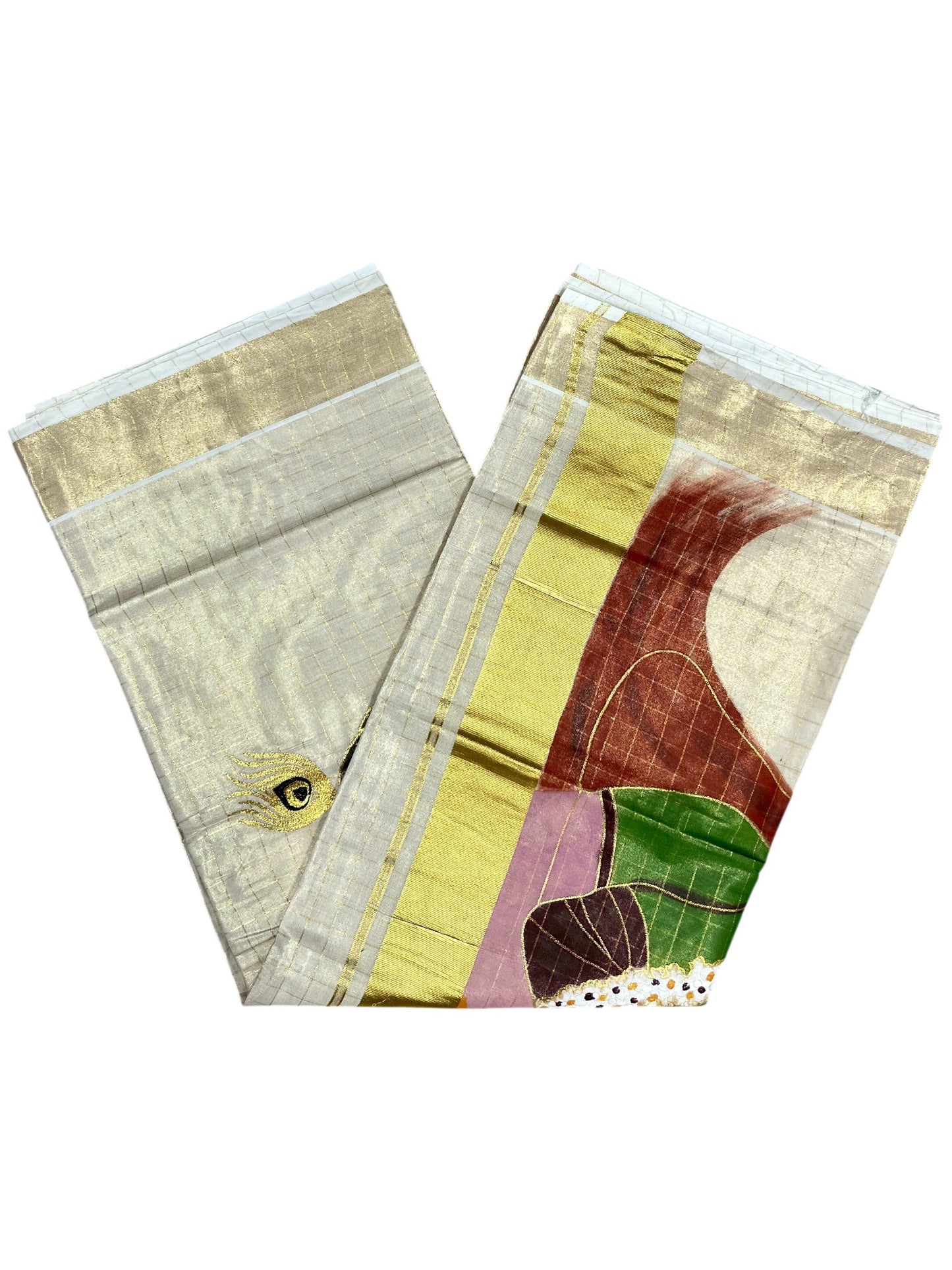 Southloom Tissue Kerala Kasavu Check Saree with Hand Painted Embroidery Krishna & Yashodha Desig SL283
