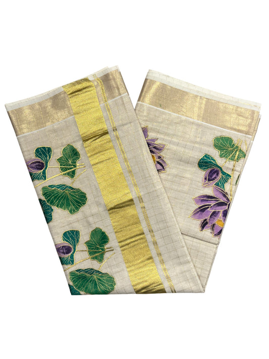 Southloom Tissue Check Kerala Kasavu Saree with Hand Painted Embroidery Violet Lotus Design