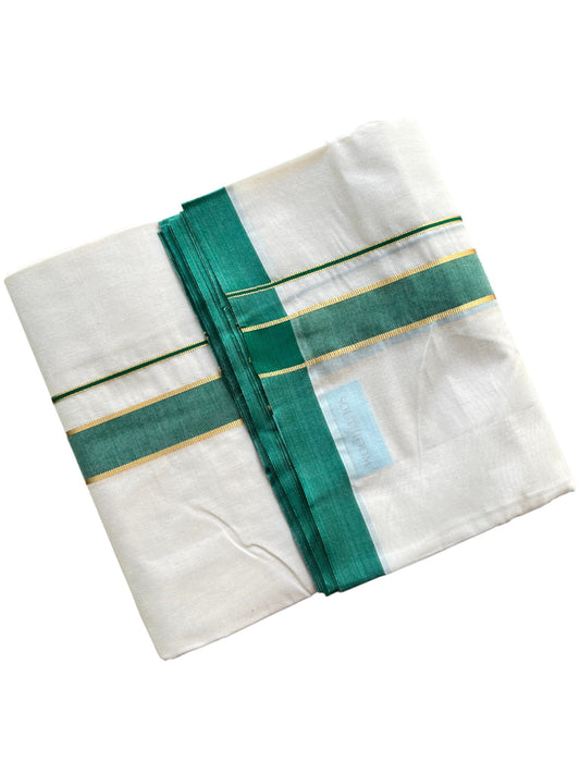 Southloom Pure Cotton Mundu with Golden Lines and Green Border (South Indian Kerala Dhoti)