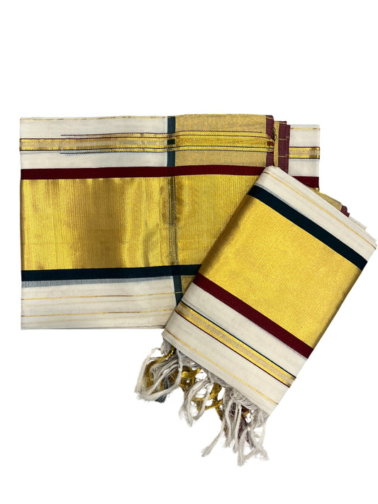 Southloom Premium Handloom Set Mundu with Kasavu and Maroon and Green Border (2.80 Mtr)
