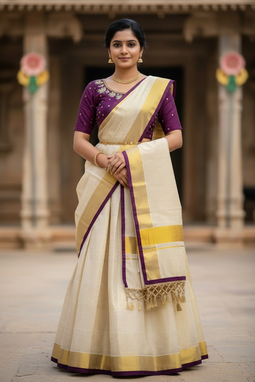 Southloom Semi Stitched Tissue Dhavani Set with Pavada and Purple Blouse Piece