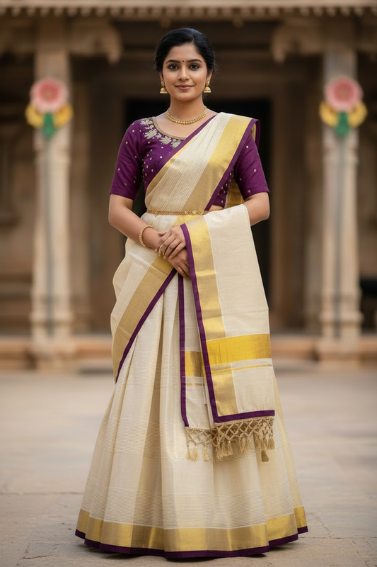 Southloom Semi Stitched Tissue Dhavani Set with Pavada and Purple Blouse Piece