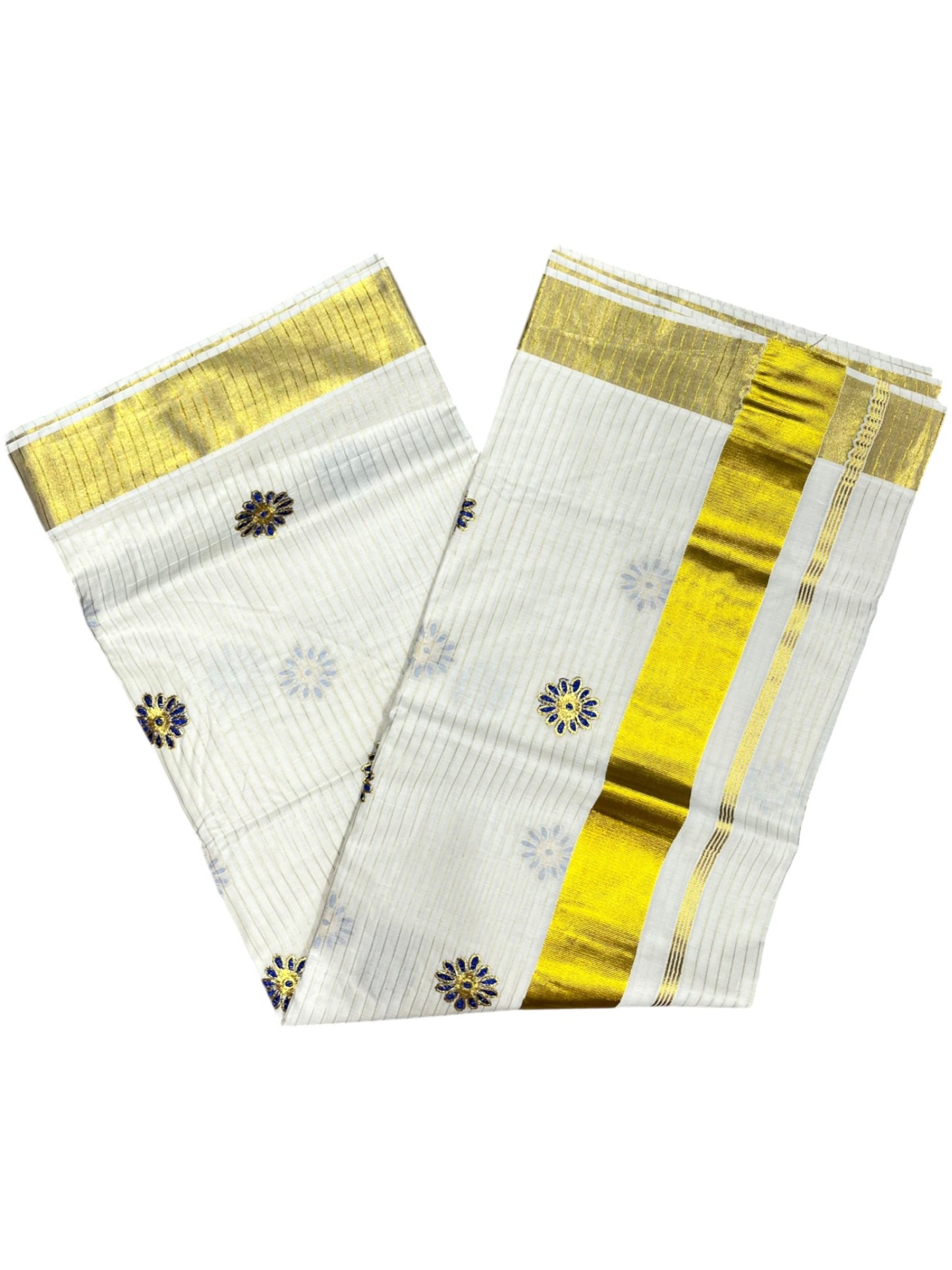 Southloom Cotton Kerala Kasavu Lines Saree with Floral Embroidery Design in Blue
