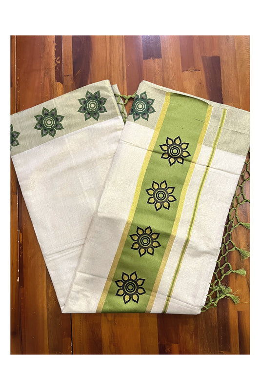 Kerala Tissue Kasavu Saree with Floral Block Prints in Olive Green Border (Onam 2024 Collection)