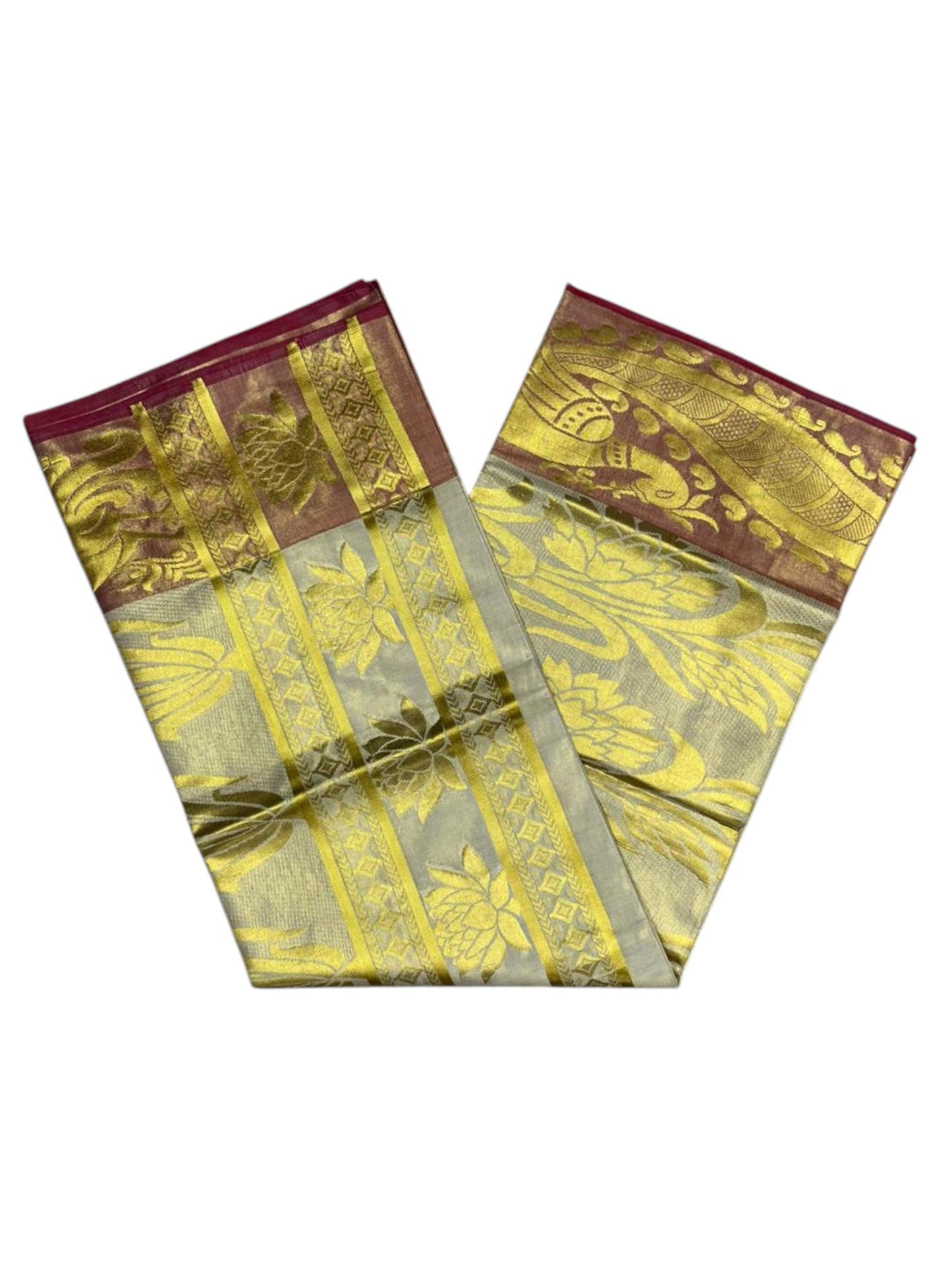 Southloom  Kerala Tissue Kasavu Heavy Work Saree with Peacock Design And Red Border SL483