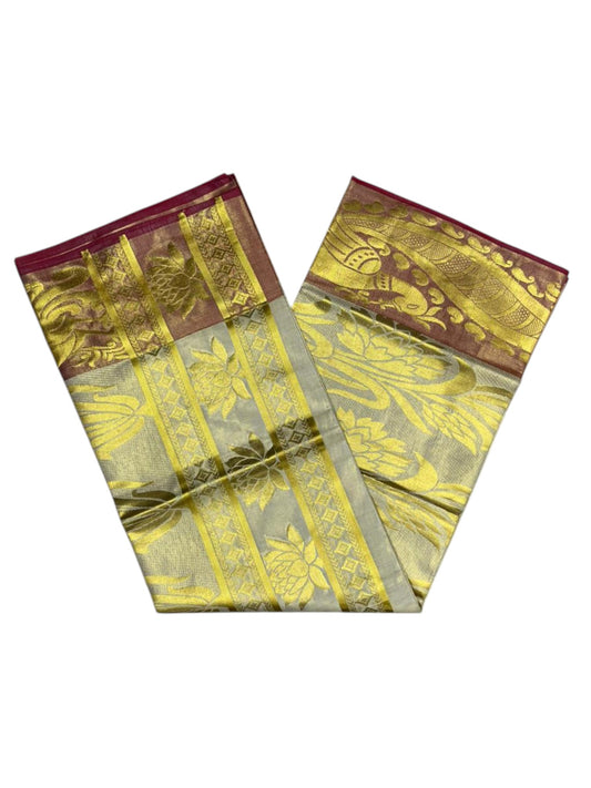 Southloom  Kerala Tissue Kasavu Heavy Work Saree with Peacock Design And Red Border SL483