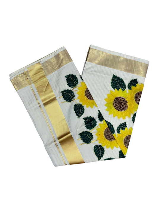 Southloom Kerala Cotton Kasavu Lines Saree with Embroidery Work in Yellow Floral Print