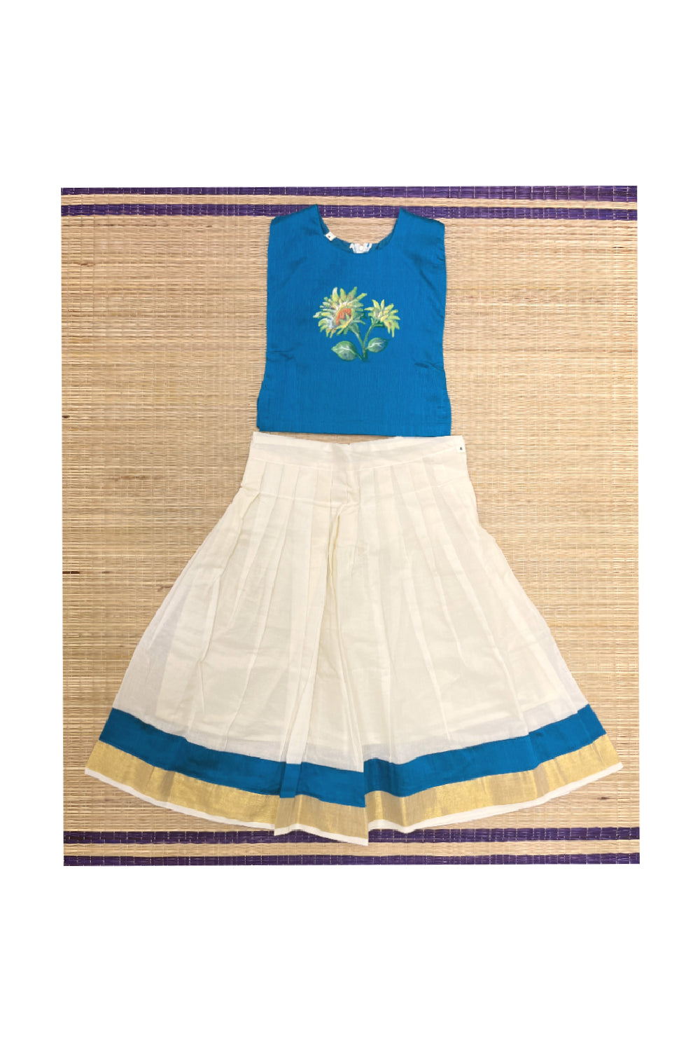 Southloom Kerala Pavada Blue Blouse with Floral Mural Designs (Age - 4 Years)