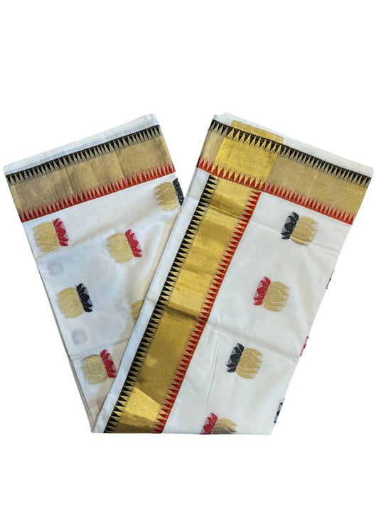 Southloom Super Premium Balaramapuram Unakkupaavu Handloom Cotton Saree with Lotus Woven Work on Body with Temple Border