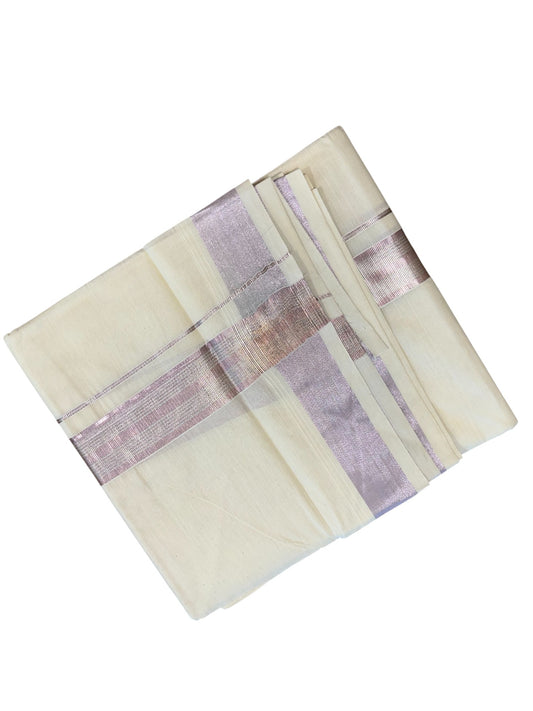 Kerala Cotton Double Mundu with Silver And Rose Copper Border (South Indian Dhoti)