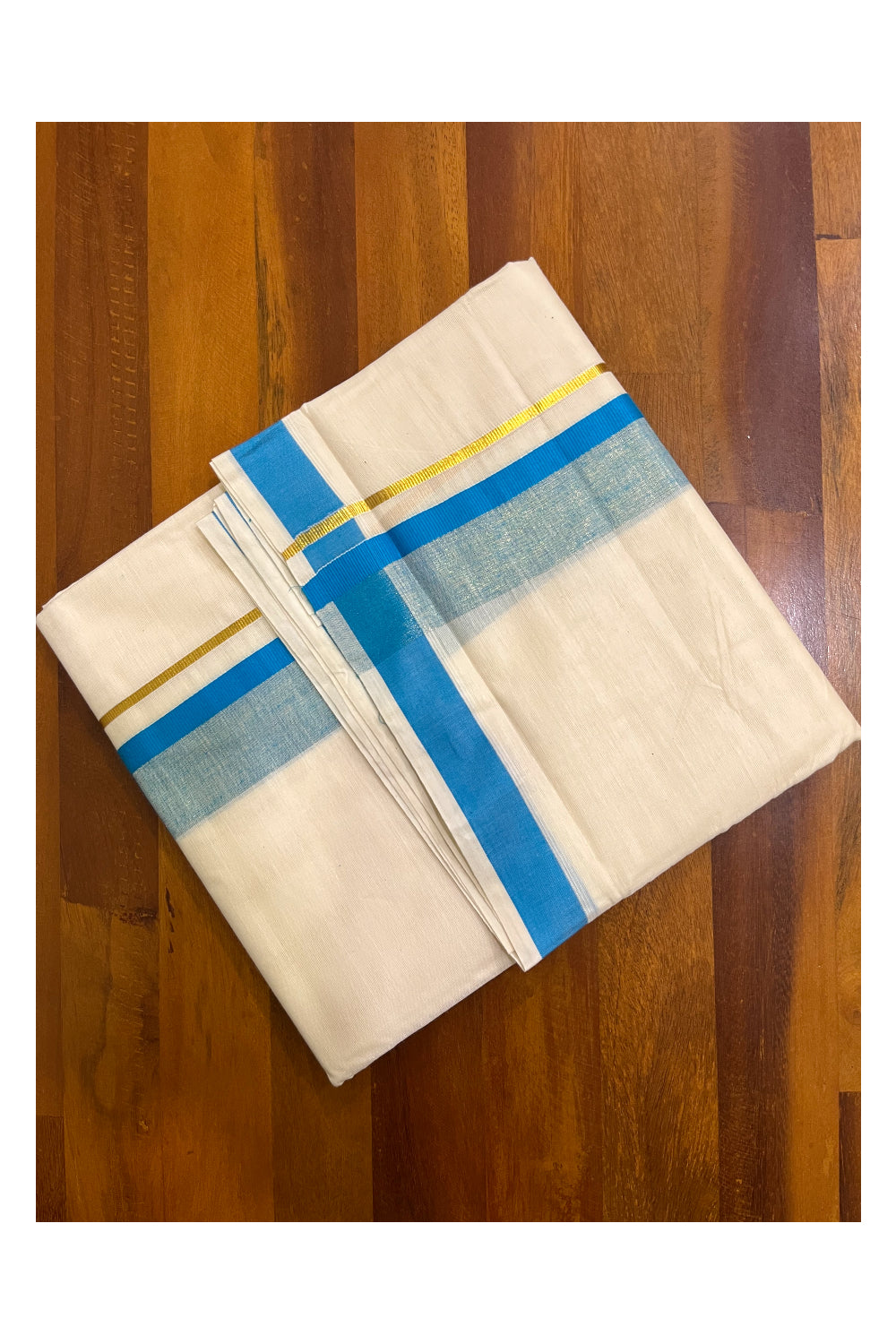 Kerala Pure Cotton Double Mundu with Blue and Kasavu Border (South Indian Kerala Dhoti)